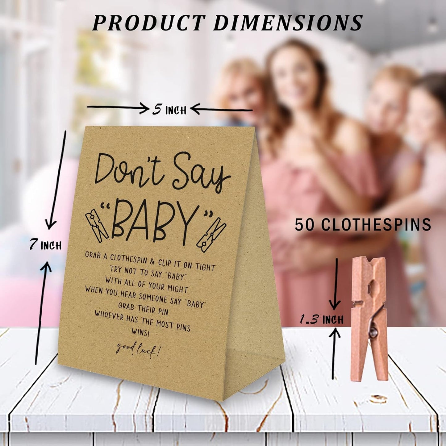 Don't Say Baby Game For Baby Shower Clothespin Game, One 5x7 Kraft Sign And 50 Natural Clothespins, Minimal Style, Gender Neutral -NDSBB03