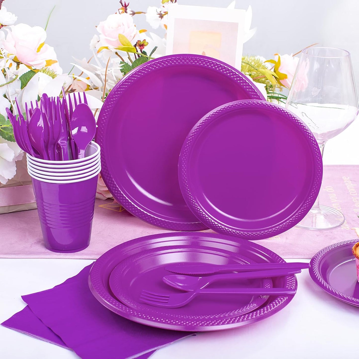 WELLIFE 210Pcs Purple Plastic Dinnerware Set, Party Supplies Including Party Plates and Cups and Napkins Sets for 30 Guests, Purple Plastic Plates