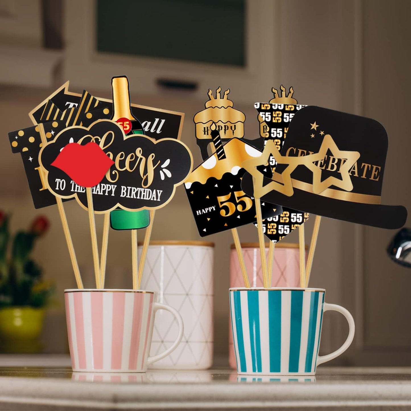 LINGTEER Happy 55th Birthday Party Photo Booth Props, Cheers to 55th Birthday, 36pcs Paper Photo Booth Props, Gold Color, Letter Print Pattern