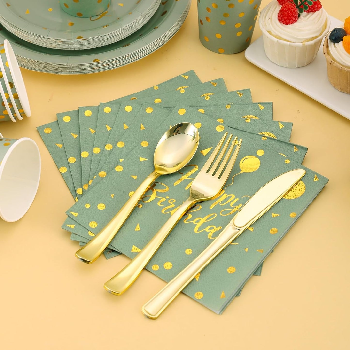 175 Pcs Sage Green Birthday Decorations - Sage Green Birthday Plates and Napkins Party Supplies Serve 25 Guests - Sage Green and Gold Birthday Paper Plates for Girls Women Happy Birthday Party Decor