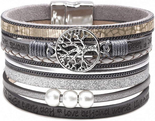 Fesciory Leopard Bracelet for Women, Boho Leather Wrap Multi-Layer Pearl Crystal Bracelet Bangle Jewelry