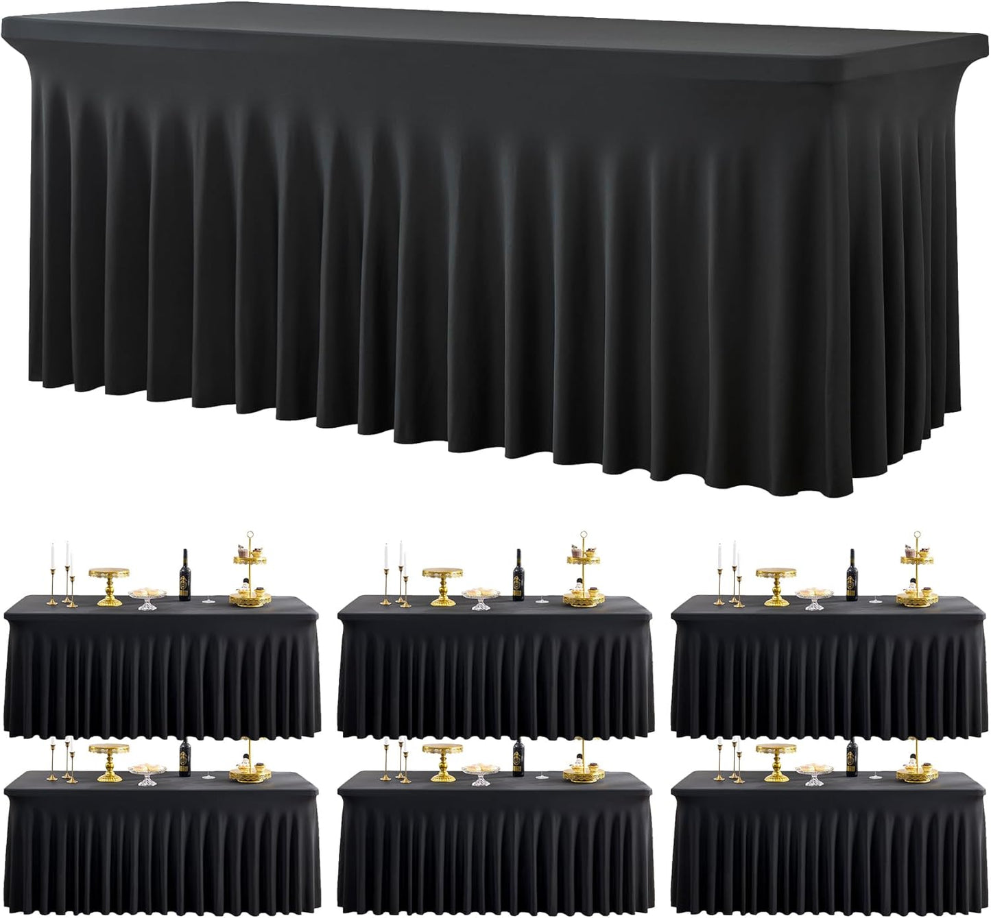6 Pack Spandex Black Table Clothes for 6 Foot Rectangle Tables, Wrinkle Free Table Cloth Fitted Tablecover Stretchy Tablecloths with Skirt for Parties Wedding Banquet