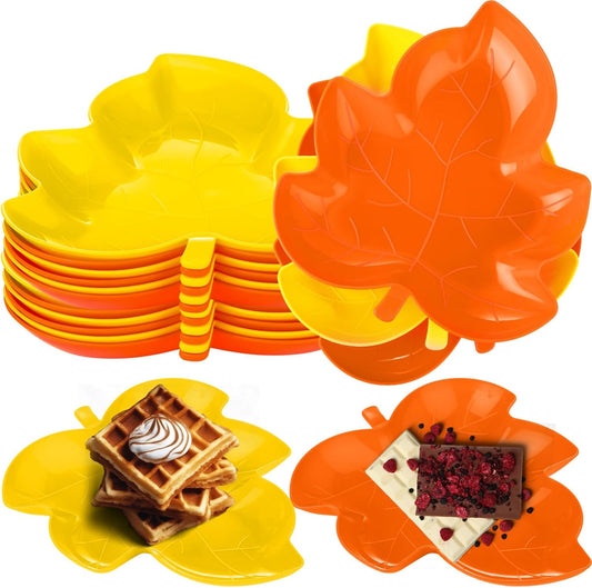 Honeydak 12 Pcs Thanksgiving Plates Fall Snack Dessert Dishes Thanksgiving Maple Leaves Shape Plates Yellow Orange Dishes Candy Fruit Plastic Bowls for Autumn Harvest Party Supplies