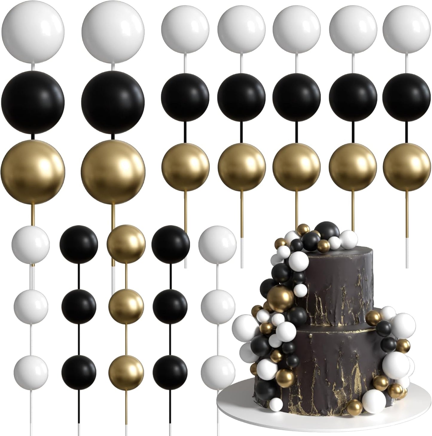 36 Pack Balls Cake Topper Decorations Foam Balloons Cake Decorations Sticks Mini Balloons Cake Toppers Balls Cake Picks for Baby Shower Wedding Anniversary Birthday Party Decorations Black White Gold