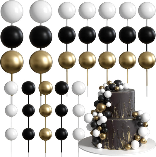 36 Pack Balls Cake Topper Decorations Foam Balloons Cake Decorations Sticks Mini Balloons Cake Toppers Balls Cake Picks for Baby Shower Wedding Anniversary Birthday Party Decorations Black White Gold