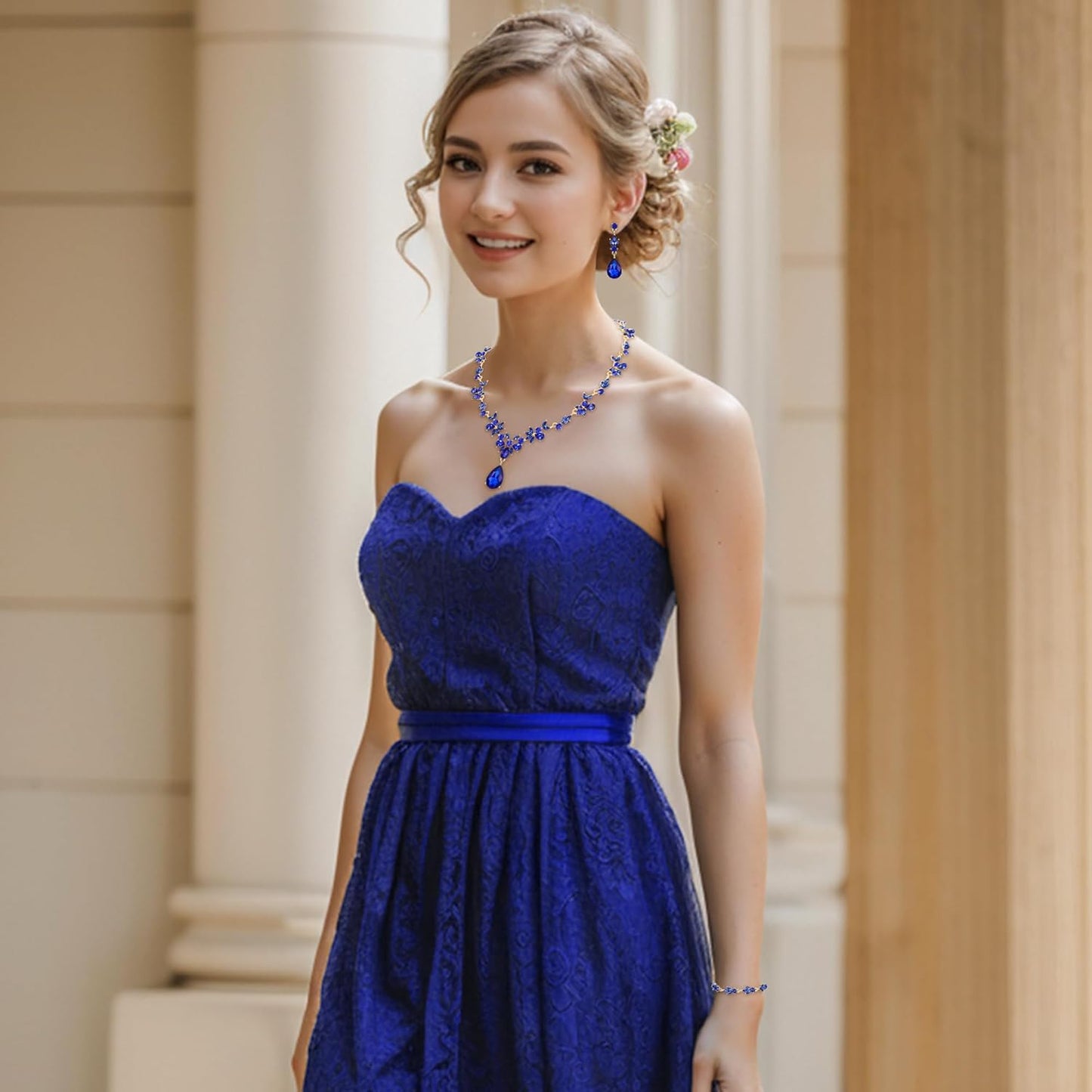 BriLove Wedding Jewelry Set for Women Bride, Y-Necklace Tennis Bracelet Dangle Earrings Crystal Teardrop Marquise Cluster for Bridal Bridesmaid