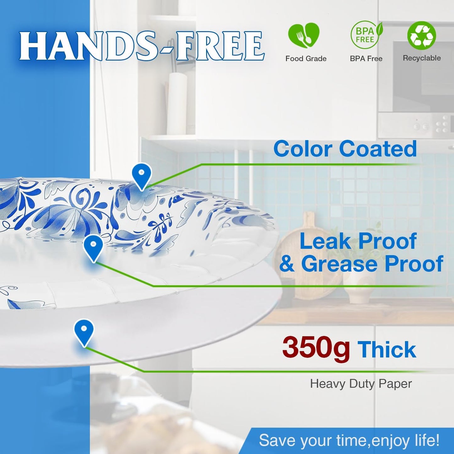 Charmount 10 Inch Large Blue Paper Plates, 300pcs Disposable Plates for Parties and Daily Use, Soak Proof, Cut Proof, Flower Printed