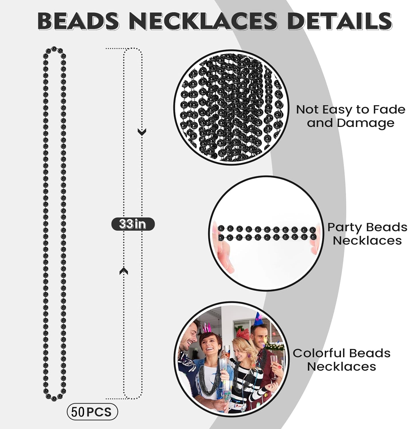 50 PCS Black Bead Necklaces, Black Mardi Gras Beads, New Year Eve Necklaces, 33 Inch Round Halloween Beaded Necklace, Party Beads for Mardi Gras, Christmas, Halloween, New Year Party Favors