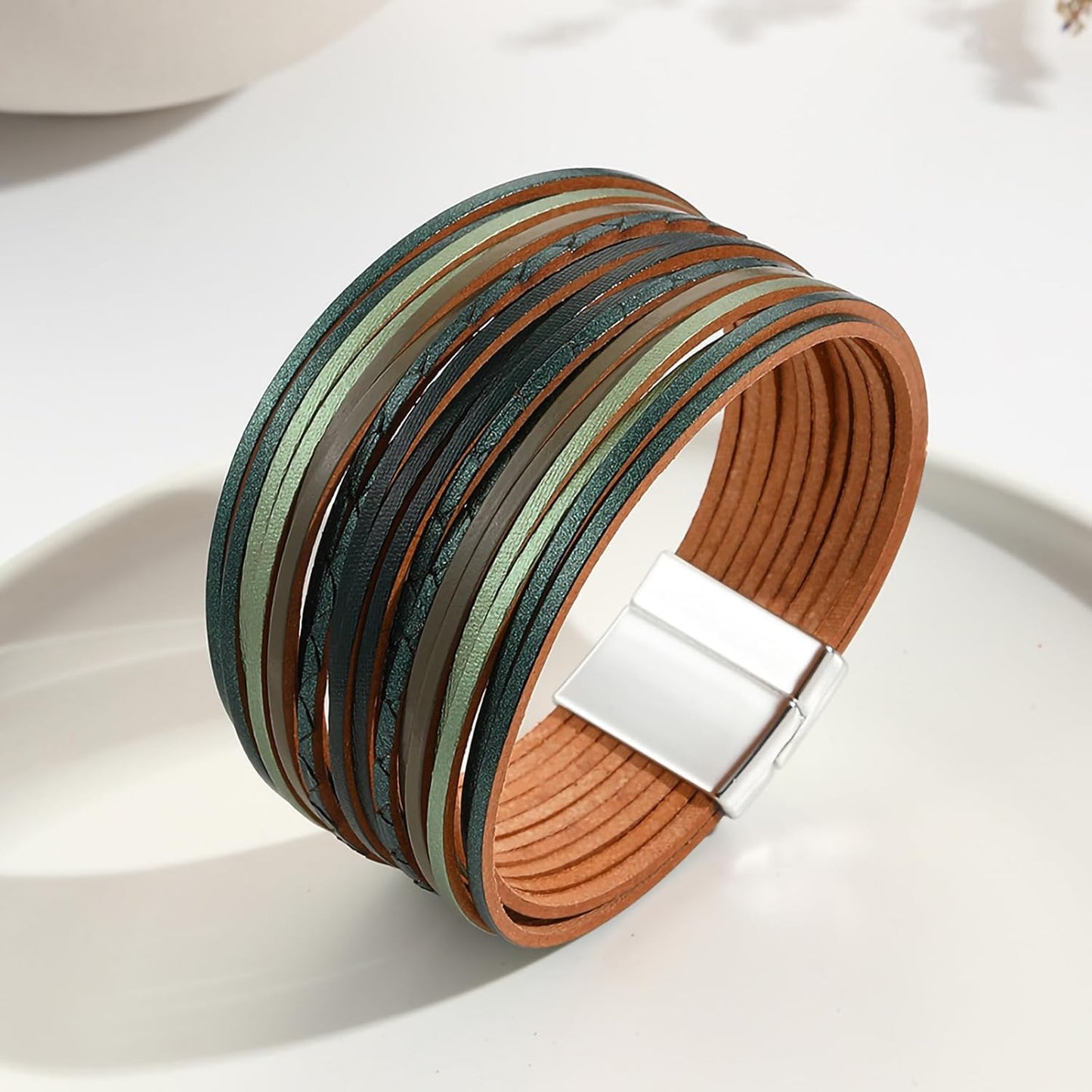 Fesciory Leather Wrap Bracelets for Women, Boho Leopard Multi-Layer Crystal Beads Cuff Bracelet Jewelry