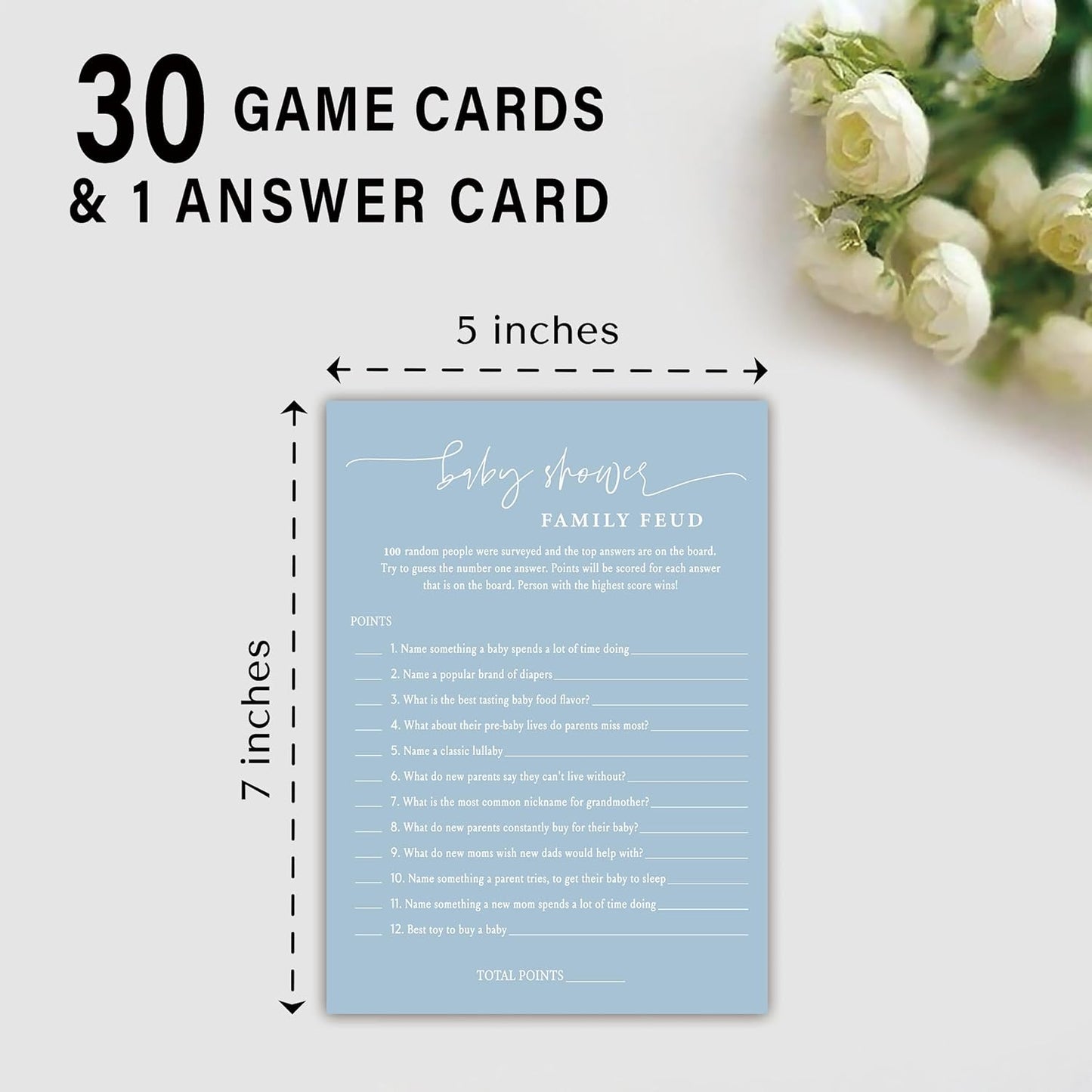 Baby Shower Family Feud Game - 30 Cards, Answer Key, Gender Neutral Decorations for Boy & Girl - Bluish