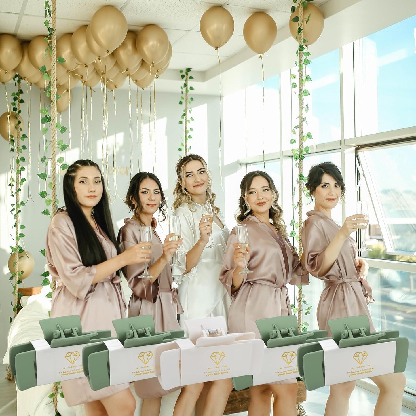 Bridesmaid Scrunchies Proposal Gifts 4.1inch square Hair Claws Bachelorette Hair Clip heart sunglasses Girls gift for Wedding Party Favors (18pcs White&Sage Green)