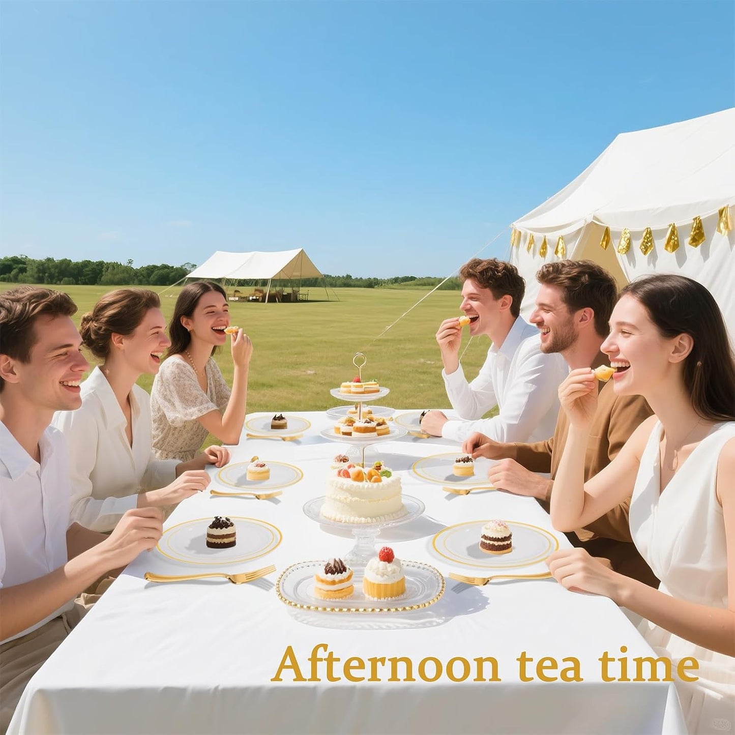 I00000 72 Pcs Clear Plastic Dessert Plates 7.5" & 72 Pcs Gold Disposable Forks 7.4", Clear Small Plates, Fancy Salad Plate,Gold Cake Plate for Thanksgiving,Christmas。Party, Occasions, Wedding