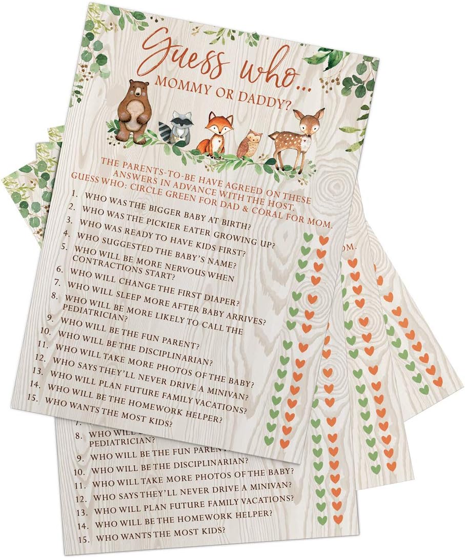 Printed Party Woodland Baby Shower Game Set – 5 Fun Games & Activities for Boy or Girl, Woodland Forest Animals Theme, 50 Guests