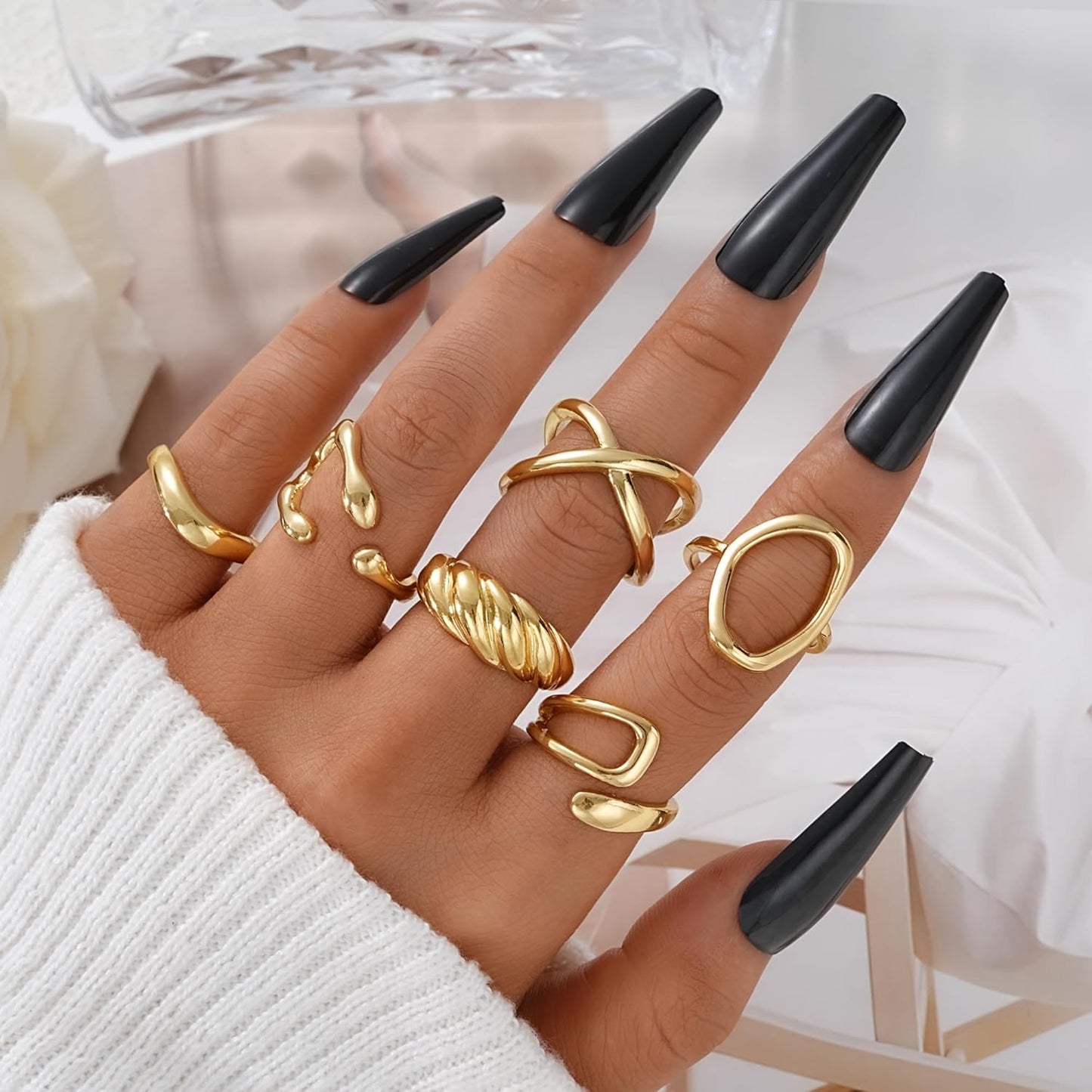 FAXHION 12PCS Gold Stackable Rings Set for Women, 18K Gold Plated Open Stacking Knuckle Ring, Adjustable Chunky Signet Band Statement Ring for Gift
