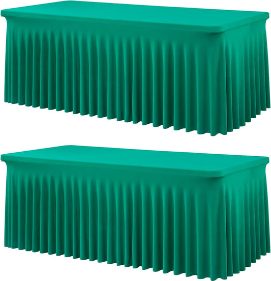 2 Pack Emerald Green Spandex Tablecloth for 6 Foot Rectangle Tables, Wrinkle Free Fitted Table Clothes Cover 6ft Green Stretchy Tablecloths with Skirt for Parties Weddings Birthday Banquet Baby Shower