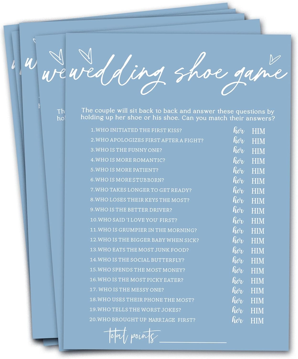 Bridal Shower Games Cards & Shoe Game - 25 Guests Engagement Party Supplies - Minimalist Blue Wedding Party Supplies - B04