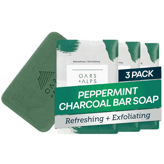 Oars + Alps Peppermint Charcoal Exfoliating Men's Bar Soap, Dermatologist Tested and Made with Clean Ingredients, Travel Size, 3 Pack, 6 Oz Each