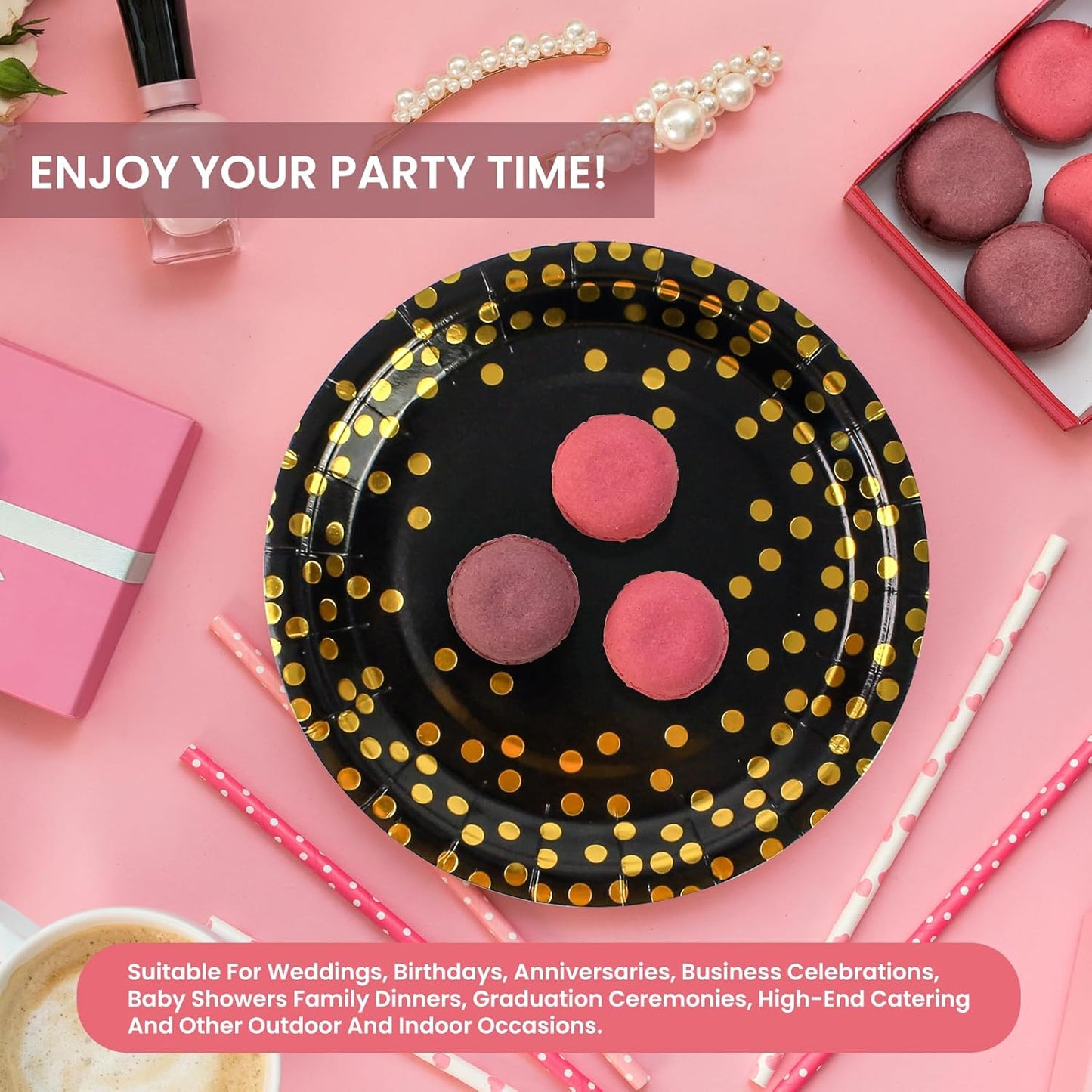 75PCS Paper Plates and Napkins Set - Black and Gold Dot Disposable Party Dinnerware Includes Paper Plates, Napkins, Forks Decorations for 2025 Graduations, Birthdays and Weddings, Serves 25