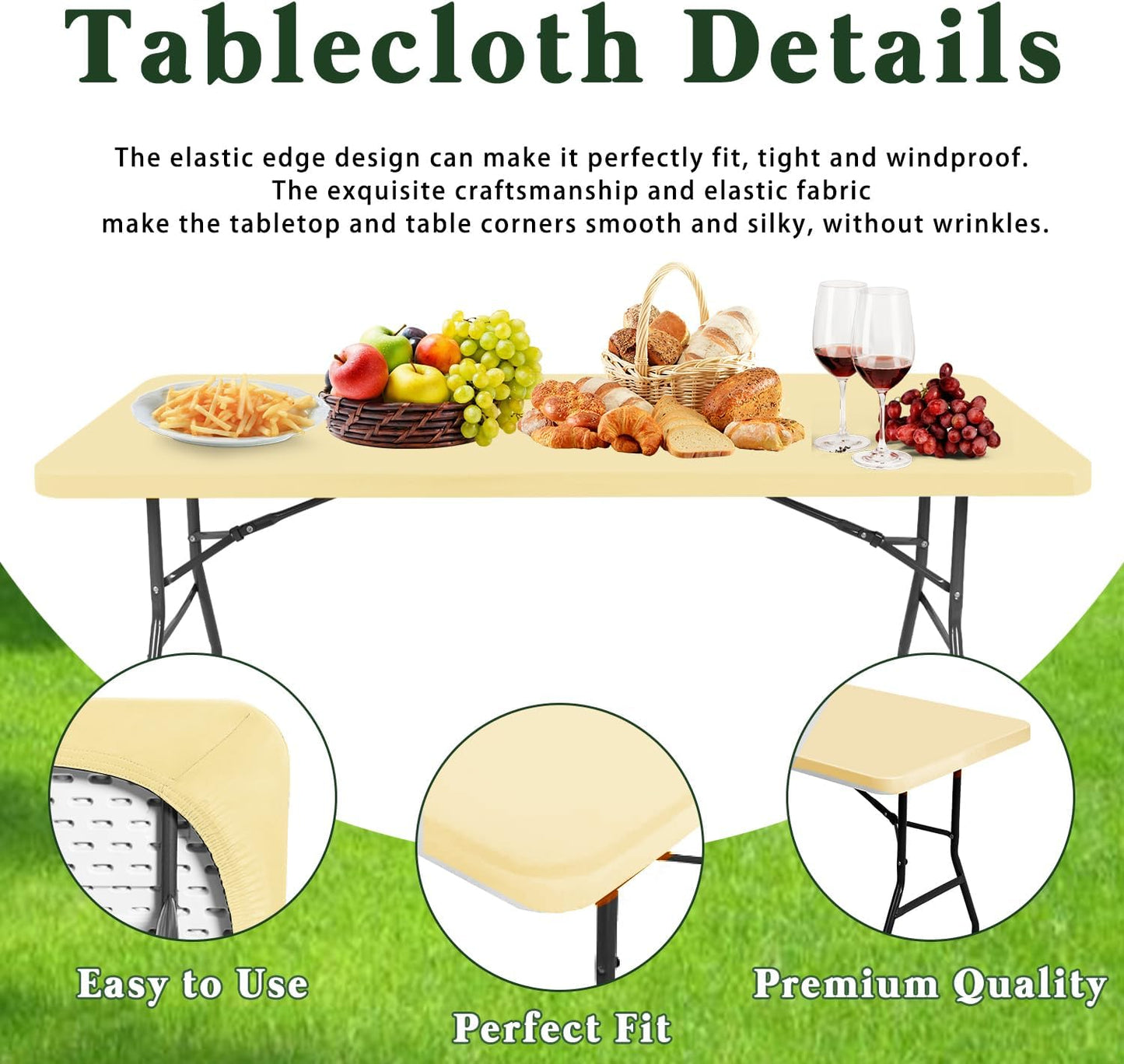 6 Pack Picnic Table Cover Fitted Elastic Outdoor Tablecloths for 8 Foot Rectangle Tables Waterproof Stretch Washable Patio Folding Spandex Table Cloth for Camping Banquet Parties (Champagne,30" x 96")