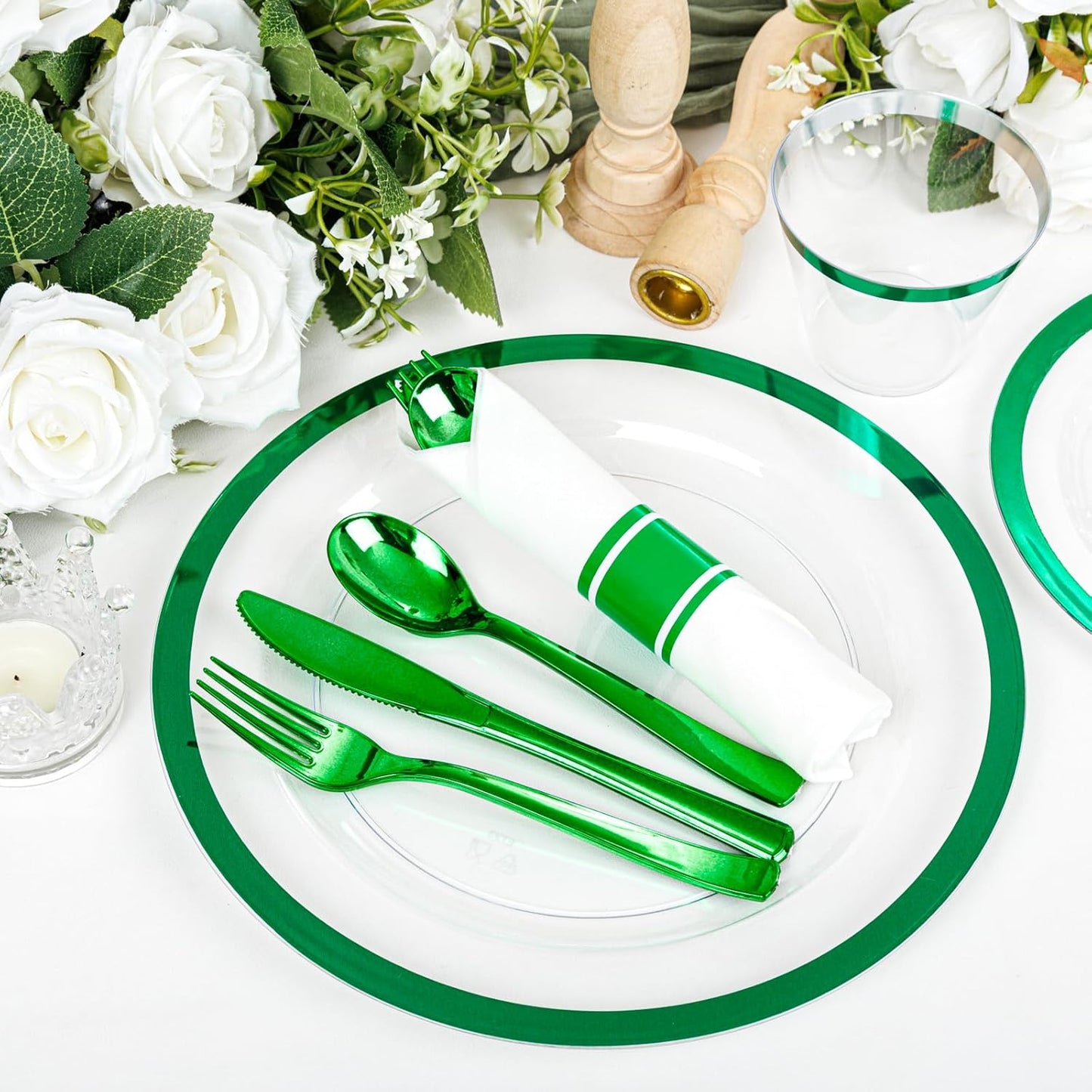 I00000 350 Pcs Green Plastic Plates-Clear Dinnerware Set for St. Patrick's Day Spring Decor,Include 100 Dinner and Dessert Plates,50 Plastic Cups 9 OZ,50 Per Rolled Napkins with Cutlery