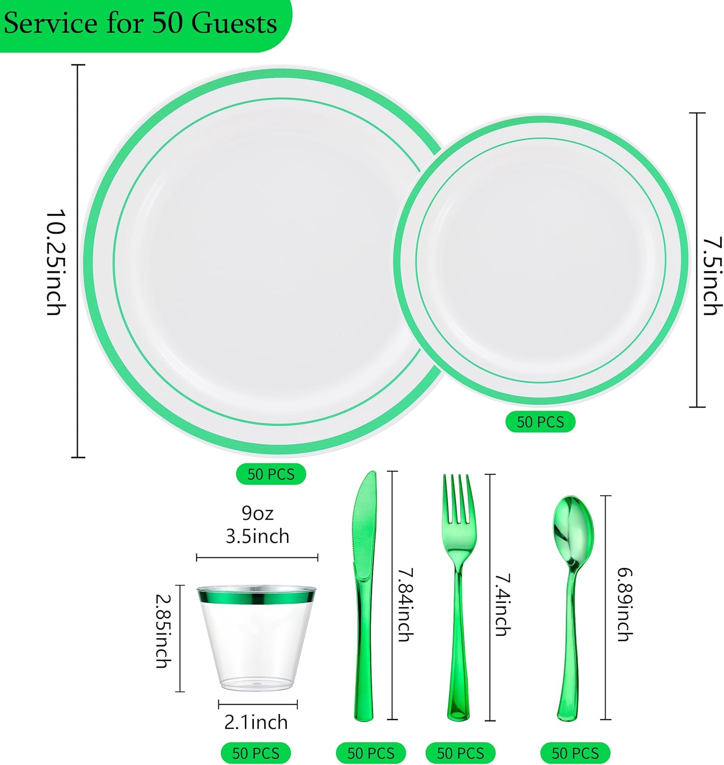 300 PCS Green Plastic Dinnerware Set for 50 Guests,Green Rimmed Heavy Duty Plastic Disposable Plates for Party Wedding-50 Dinner Plates,50 Dessert Plates,50 Silverware Set,50 Cups