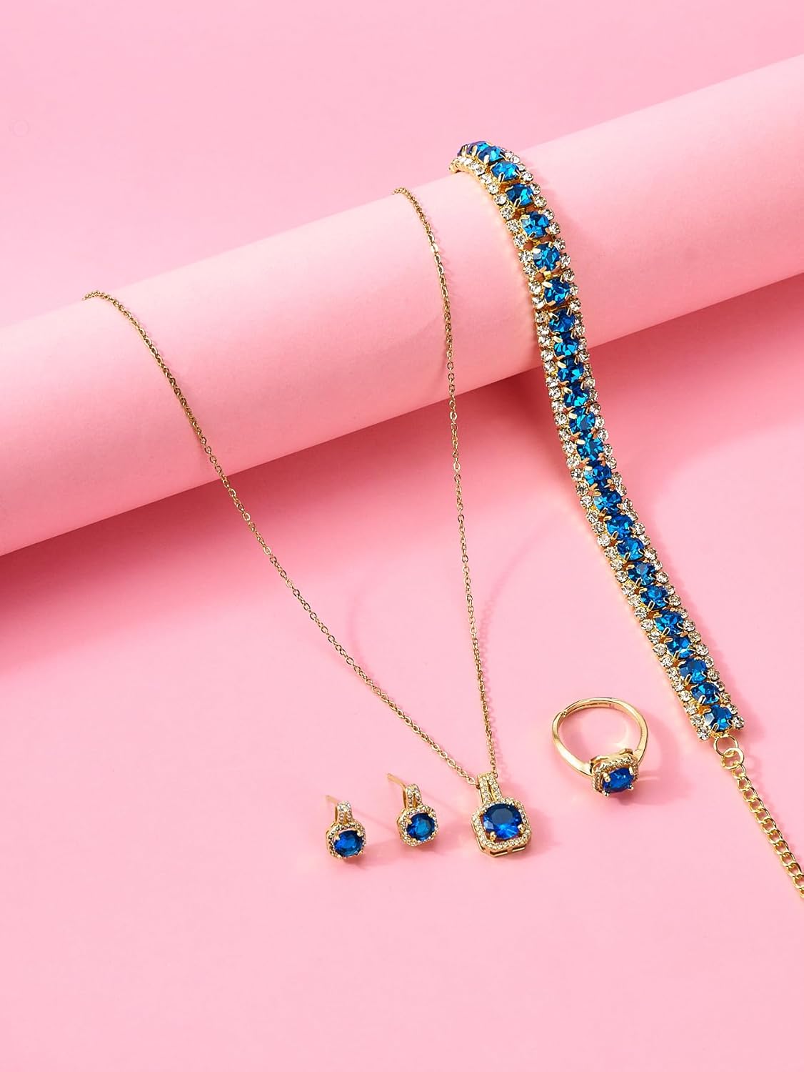 4pcs Cubic Zirconia Wedding Jewelry Sets for Bride Bridesmaid Cubic Zirconia Pendant Necklace Earrings Link Tennis Bracelet Open Ring Set for Women