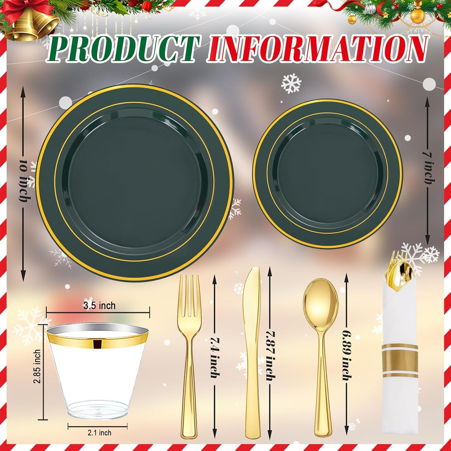 350PCS Green and Gold Plates - Green Plastic Plates 50Guests Plastic Christmas Plate with Rolled Napkins for Party/Christmas/Birthday
