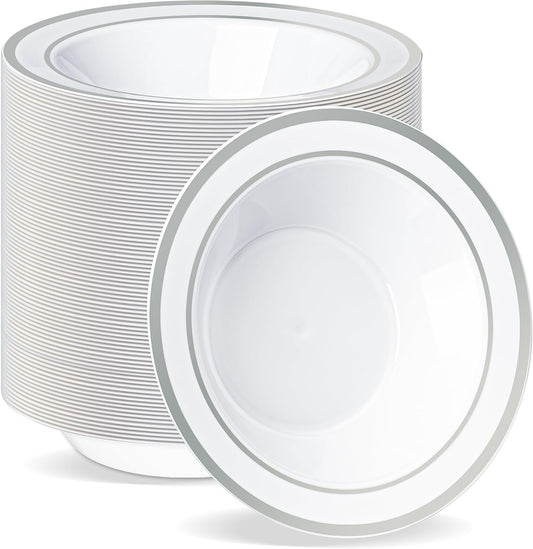 BESTVIP 100 Pack Plastic Disposable Soup Bowls, 12 oz White Dessert Bowls with Silver Rim, Heavy-duty Salad Bowl for Party, Wedding, Christmas, Thanksgiving, Dinner, Catering