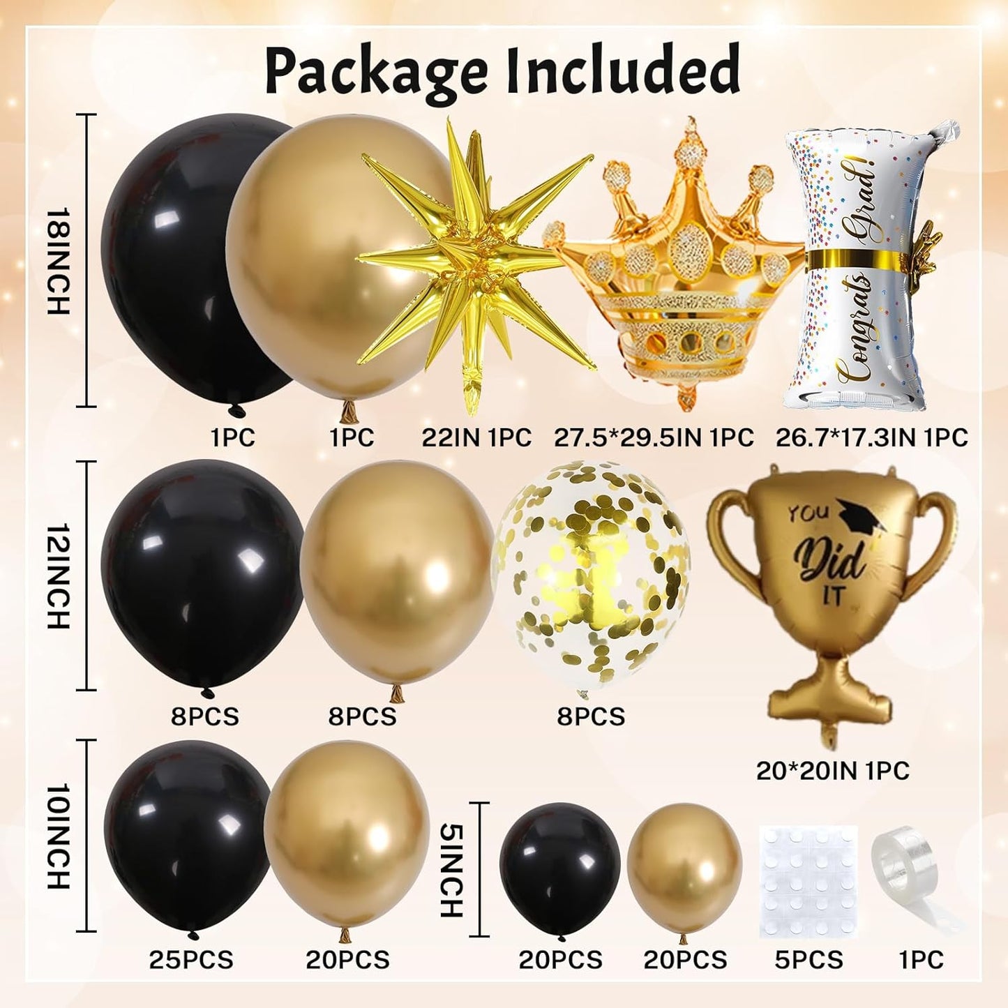 Graduation Decorations Class of 2025 Black and Gold Balloons Arch kit, 120 Pcs Congratulations Graduation Balloon with Gold Confetti Balloons Explosion Star Certificate Trophies Crown Foil Balloon