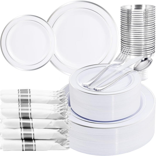 WELLIFE 210 Piece Silver Plastic Dinnerware Set for 30 Guests, Plastic Plates for Party, Include: 30 Dinner Plates, 30 Dessert Plates, 30 Pre Rolled Napkins with Silver Silverware and 30 Silver Cups