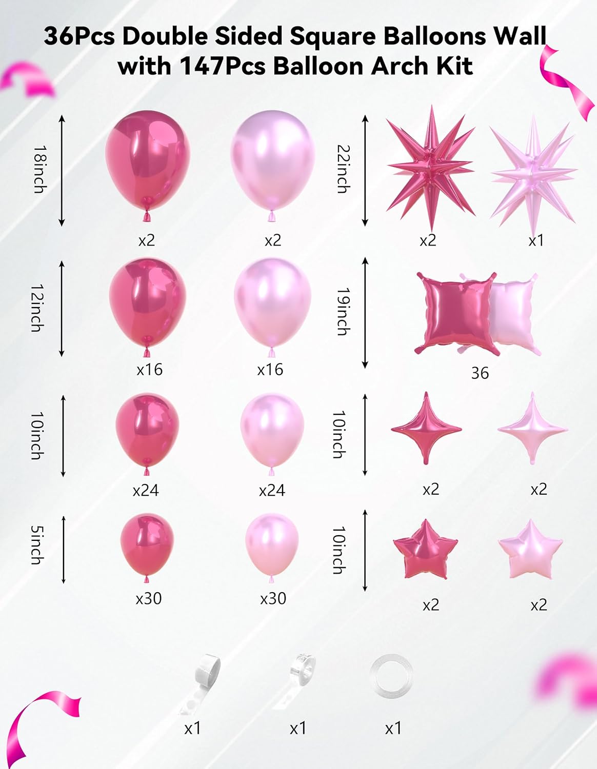 155pcs Breast Cancer Awareness Balloon Arch Kit, Hot Pink and Pink Balloon, 36pcs Square Foil Balloons Wall Backdrop for Anniversary Bachelorette Birthday Valentines Party Decorations