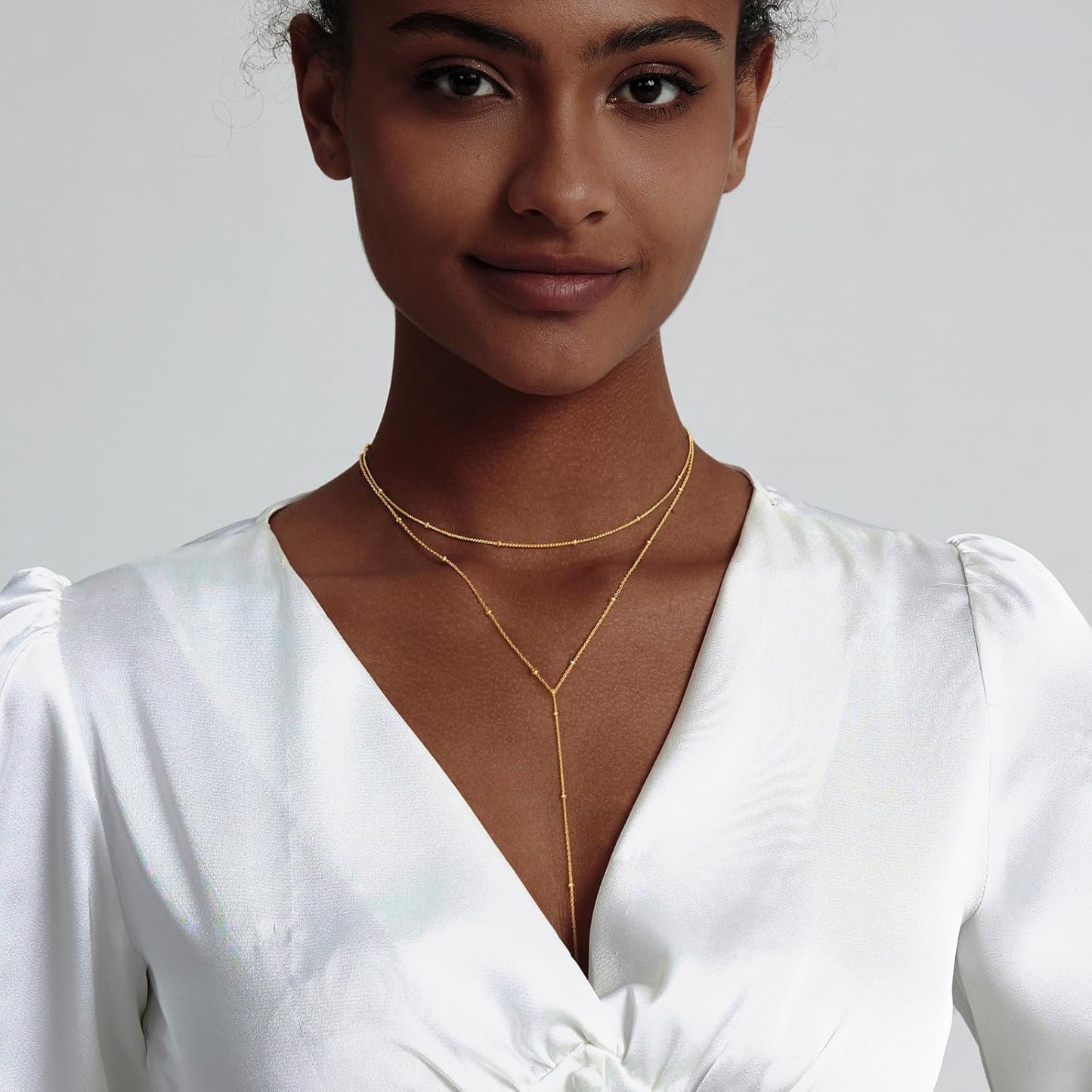 Lariat Gold Necklace for Women, Dainty Long Necklace 14k Gold Plated/Silver Y-Shaped Layered Beaded Chain Drop Necklaces for Women Trendy Simple Gold Jewelry for Women Gifts