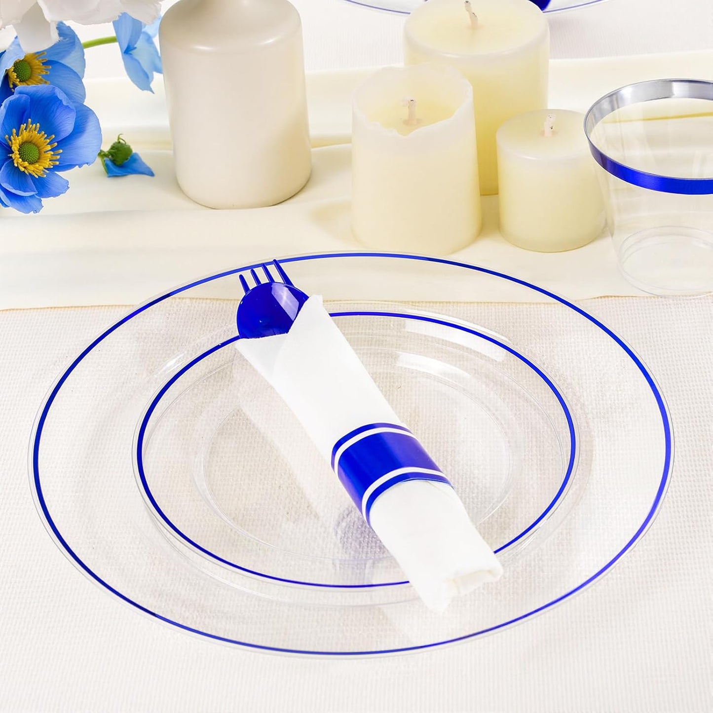 SUT 175 Pcs Blue and Clear Plastic Dinnerware Set for 25 Guests, Include: 25 Dinner Plates, 25 Dessert Plates, 25 Pre Rolled Napkins With Silverware, 25 Cups, Disposable Plates for Party, Wedding
