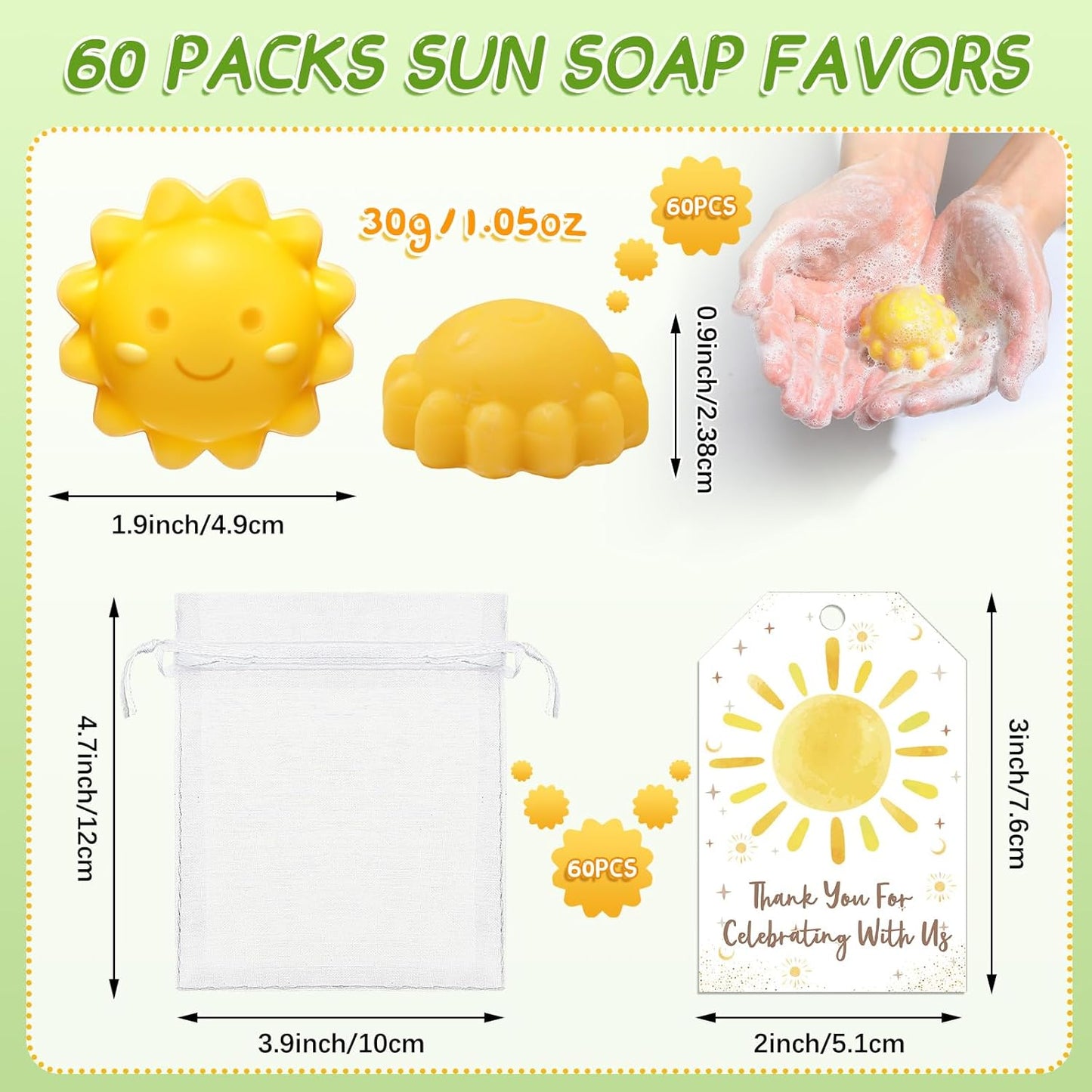 Leelosp 60 Sets Sun Soaps Baby Shower Favors Here Comes the Sun Baby Shower Gifts Mini Handmade Soaps with Thank You Card and Organza Bags for Guest Gender Reveal Sunshine Party Decor (Yellow,Cute)