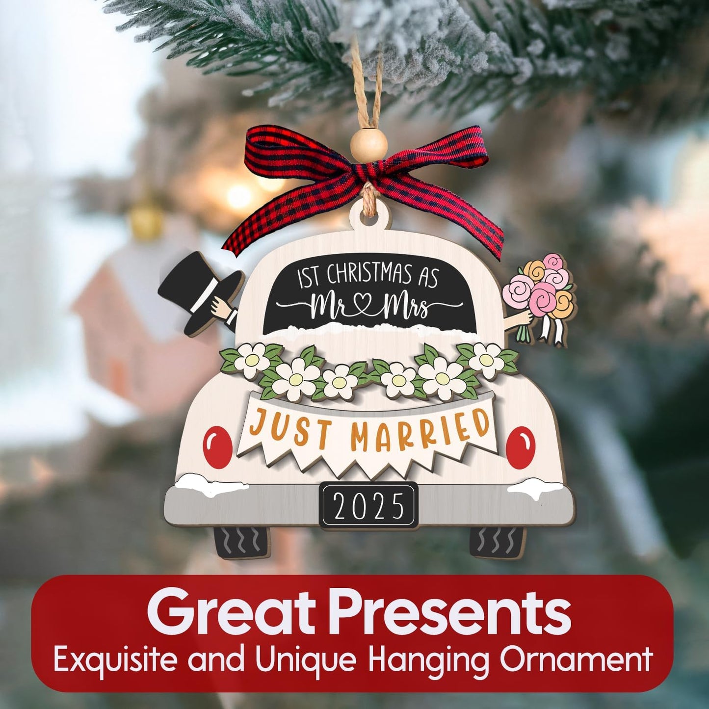 NewEleven Mr and Mrs Gifts - Wedding Gifts for Couples 2025, Just Married, Newlywed Keepsake - Wedding Ornament, Meaningful Gift from Friend, Family - Wooden Christmas Ornament