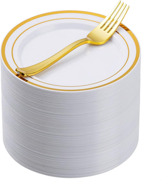 Goodluck 240PCS 7" Gold Dessert Plastic Plates with 7.4" Forks, Gold Appetizer Plates for 120 Guests, Including 120 Disposable Cake Plastic Plates and 120 Forks for Wedding/Birthday Party