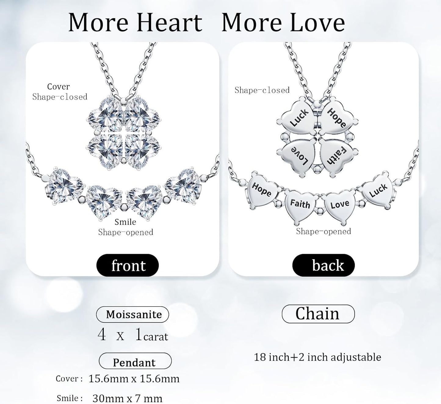 Luckylove 2-In-1 Four Heart Necklace for Women, 4 or 2 Carats Moissanite, Sterling Silver Jewelry, Anniversary Birthday Christmas Valentines Day, Special Gifts For Wife Girlfriend Daughter Her