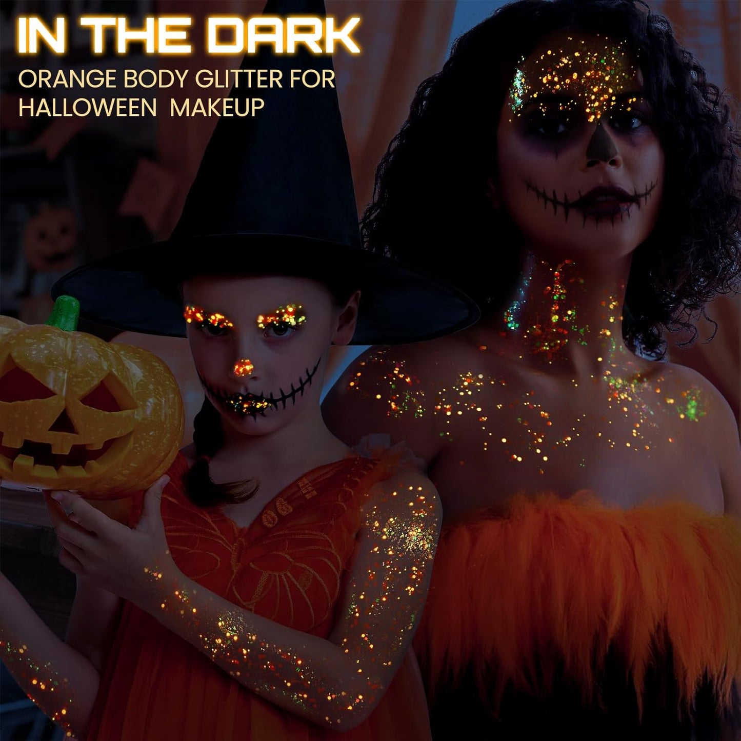Teenitor Orange Glow in The Dark Glitter Gel, Orange Body Glitter Face Glitter for Halloween Makeup UV Black Light Festival Party Cheer Makeup