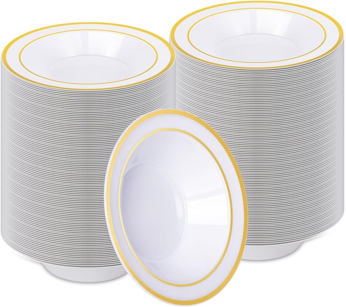 BESTVIP 200 Pack Plastic Bowls with Gold Rim, 12 Oz Disposable Bowls Disposable Bowls for Parties, Wedding, Christmas, Thanksgiving, Soak Proof Bowls for Breakfast, Lunch, and Dinner Meals