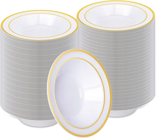 BESTVIP 200 Pack Plastic Bowls with Gold Rim, 12 Oz Disposable Bowls Disposable Bowls for Parties, Wedding, Christmas, Thanksgiving, Soak Proof Bowls for Breakfast, Lunch, and Dinner Meals