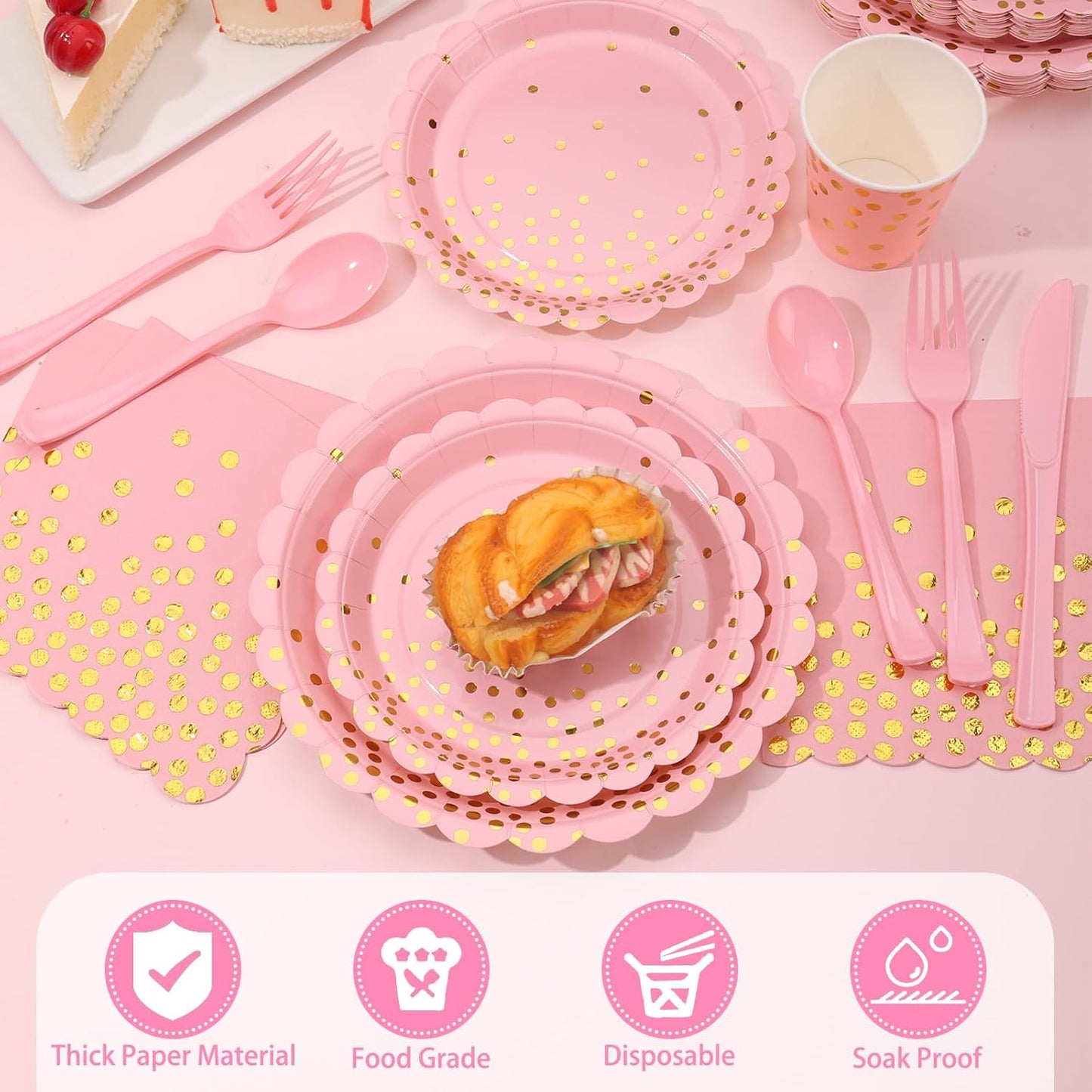 175 Pink Rose Gold Plates Napkins Party Decorations, Pink and Gold Disposable Party Supplies, Plastic Forks Knives Spoons Rose, Golden Dot Paper 9 Inch for Baby Shower Birthday, Severs 25