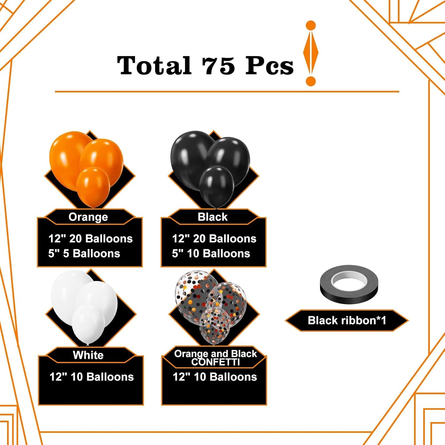 Orange and Black Balloons, 75PCS Halloween Balloons,12in and 5in Black Orange and White Balloon for Halloween Theme Party Graduation New Year Birthday Decorations