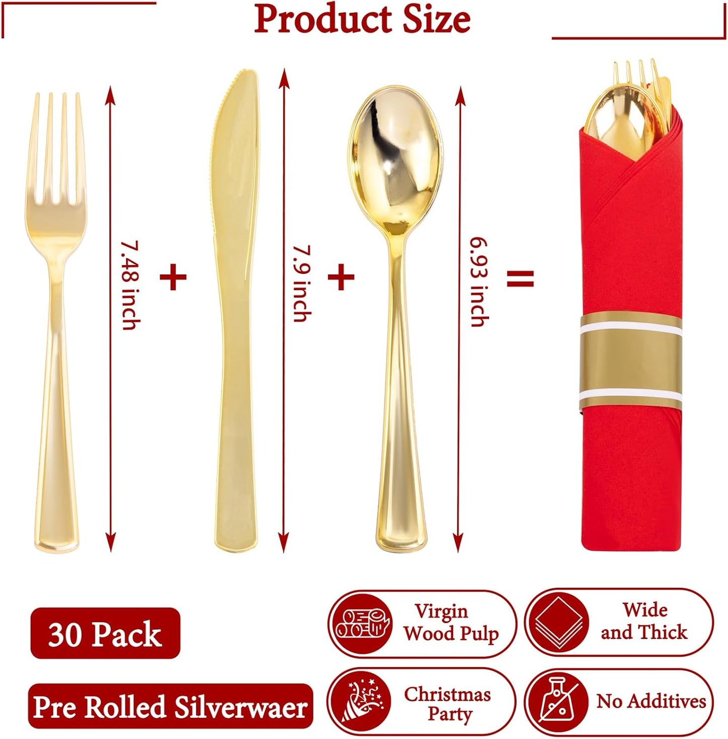 Supernal 30 Pack Gold Plastic Silverware with Red Napkins,Gold Silverware Disposable,Wrapped Plastic Cutlery Set with Napkin,Pre Rolled Silverware Set Disposable,Christmas Cutlery Suitable for Holiday