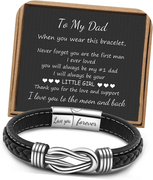 𝗞𝗻𝗼𝘁 𝗕𝗿𝗮𝗰𝗲𝗹𝗲𝘁 𝗚𝗶𝗳𝘁𝘀 𝗳𝗼𝗿 𝗠𝗲𝗻 Brown Braided Leather Stainless Steel Infinity Bracelets Lettering Love You Forever Gifts for Son Grandson Husband Boyfriend Brother Always Linked Together