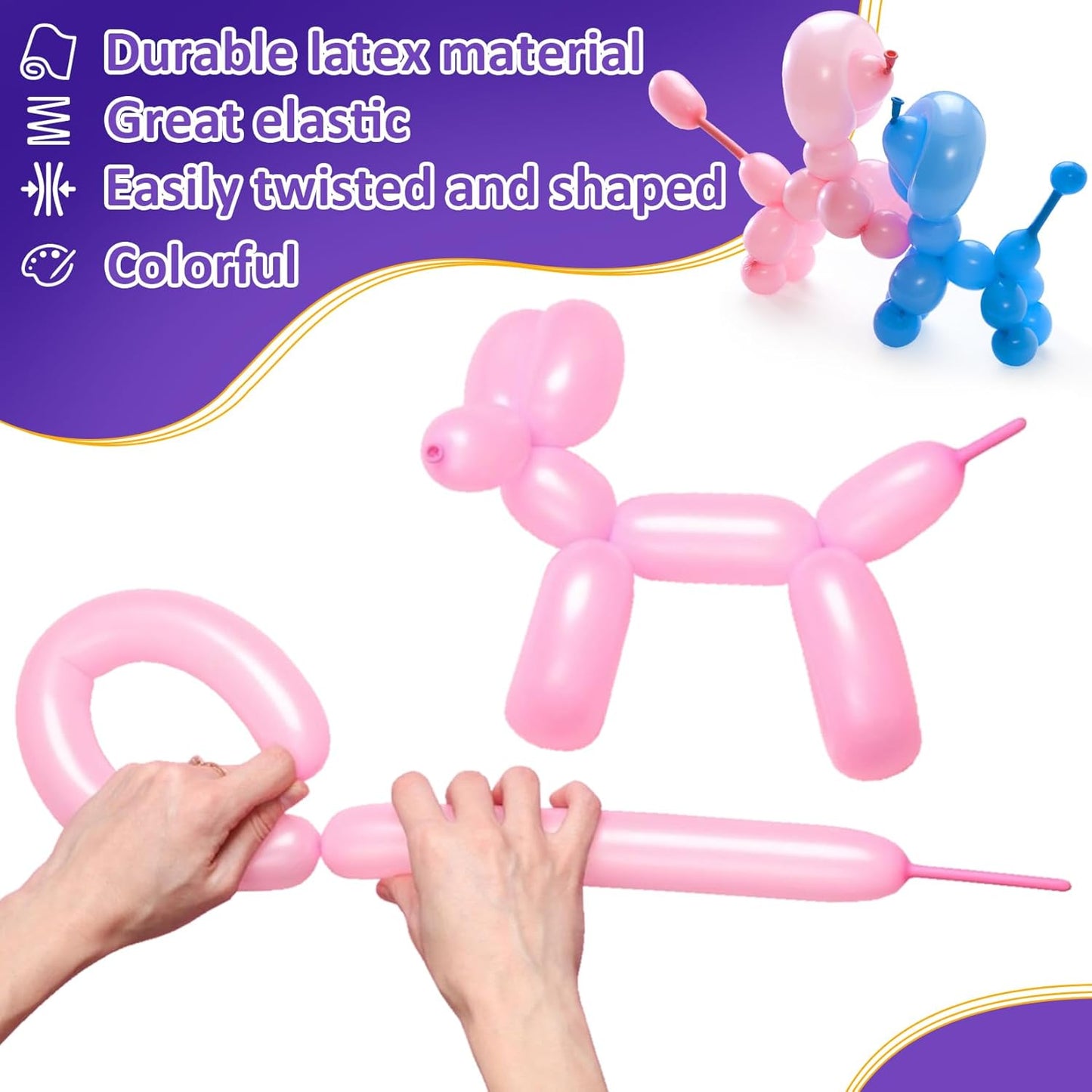 MAQIHAN 100 Long Balloons for Balloon Animals - 260 Long Skinny Balloons for Tying Balloon Arch Assorted Colors Globos Largos Clown Latex Twisting Birthday Wedding Carnivals Party Decoration