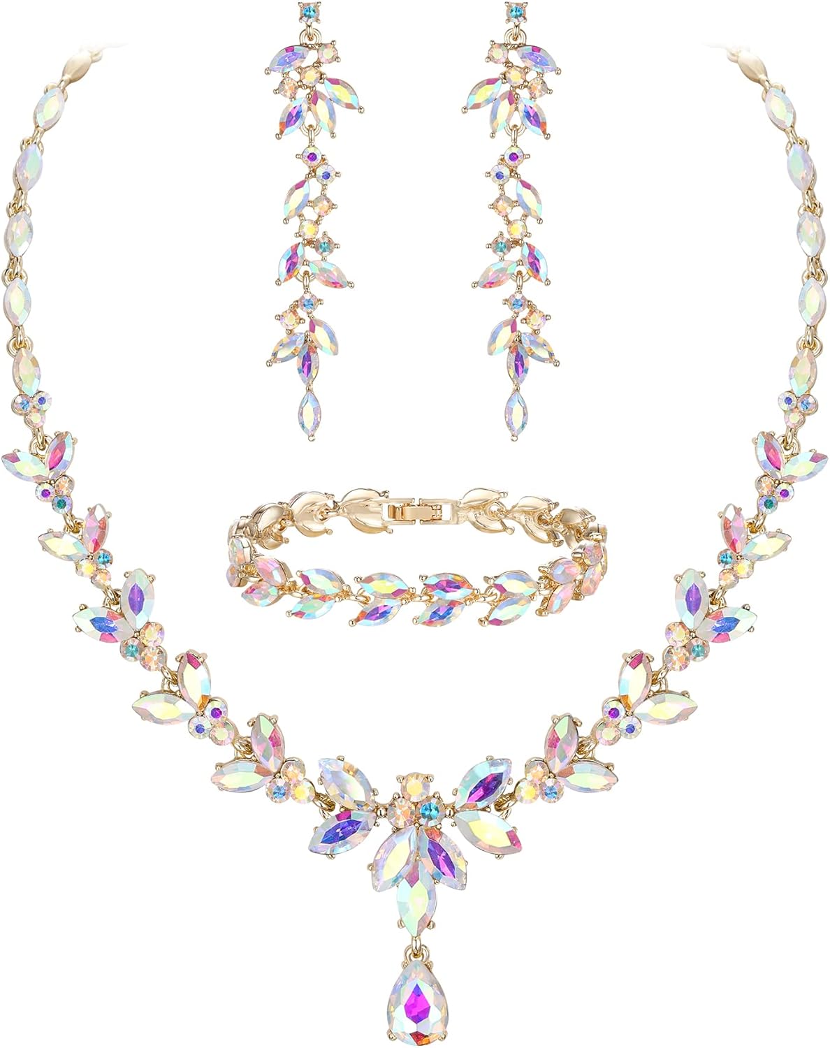 EVER FAITH Austrian Crystal Bridal Bridesmaid Jewelry Sets, Elegant Marquise Rhinestone Leaf Necklace Dangle Earrings Tennis Bracelet Set for Women