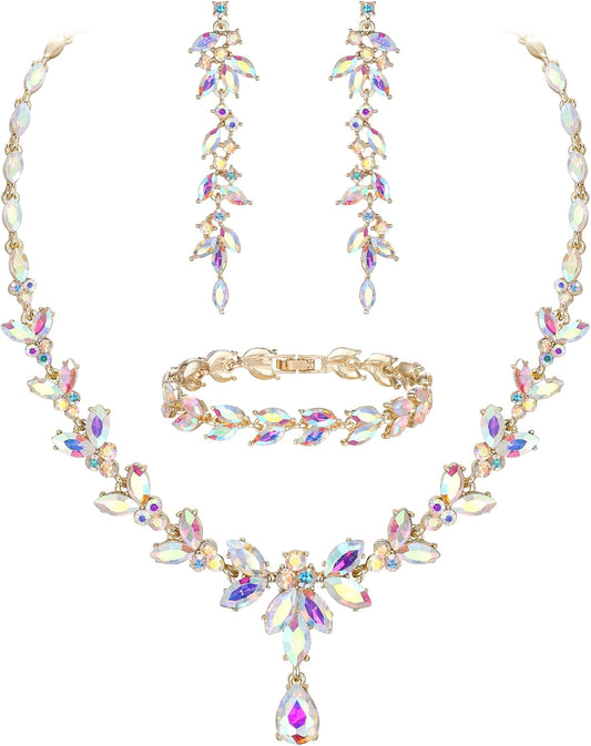 EVER FAITH Austrian Crystal Bridal Bridesmaid Jewelry Sets, Elegant Marquise Rhinestone Leaf Necklace Dangle Earrings Tennis Bracelet Set for Women