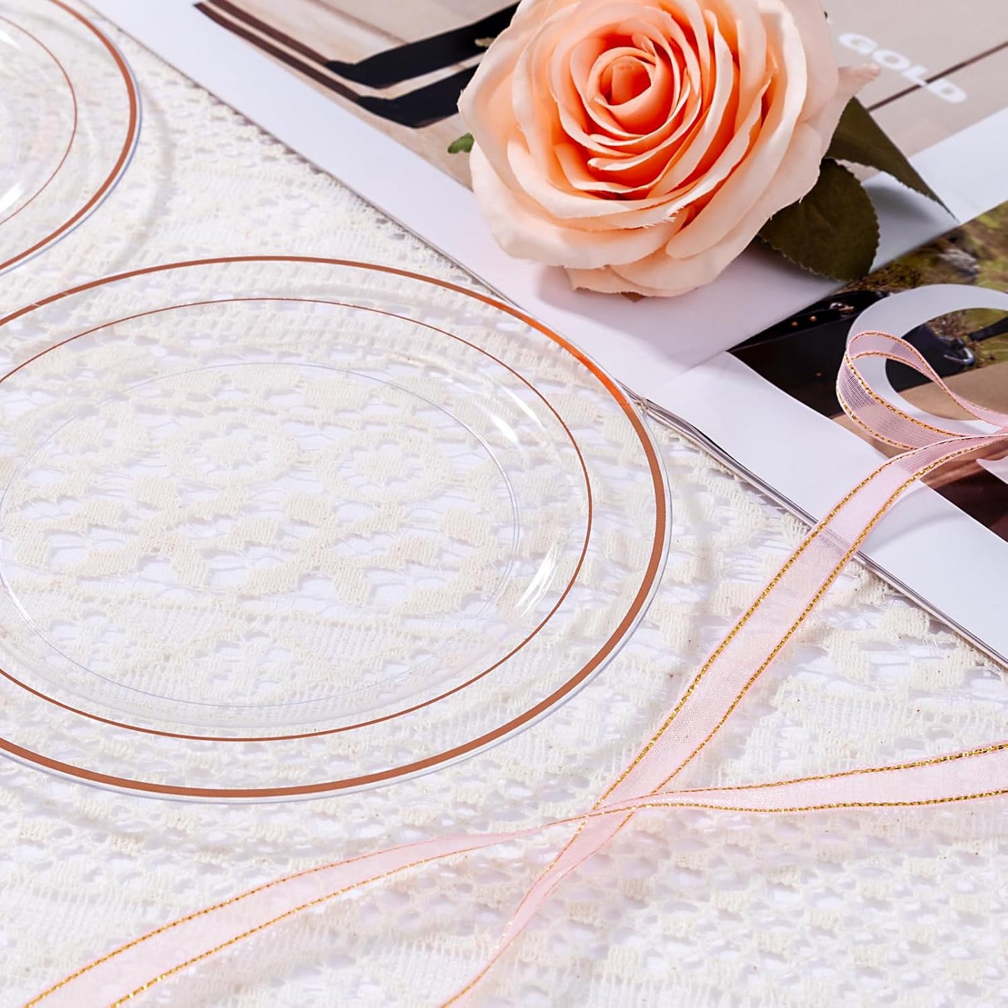bUCLA 100PCS Clear Rose Gold Plastic Plates Disposable - Heavy Duty 6.25 Inch Clear Plastic Dessert Plates with Rose Gold Trim - Ideal for Party, Wedding & Mother’s Day
