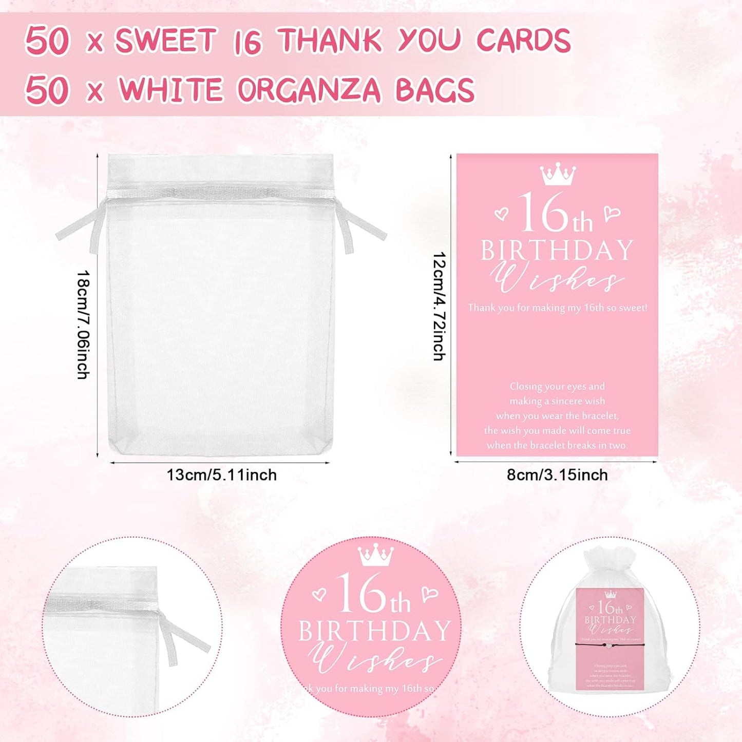 Misdary 25 Set Sweet 16th Birthday Wish Party Favors for Guests Include Adjustable Heart Charm Star Bracelets Gift with Thank You Wish Cards for Birthday Souvenirs Party Supplies Decor