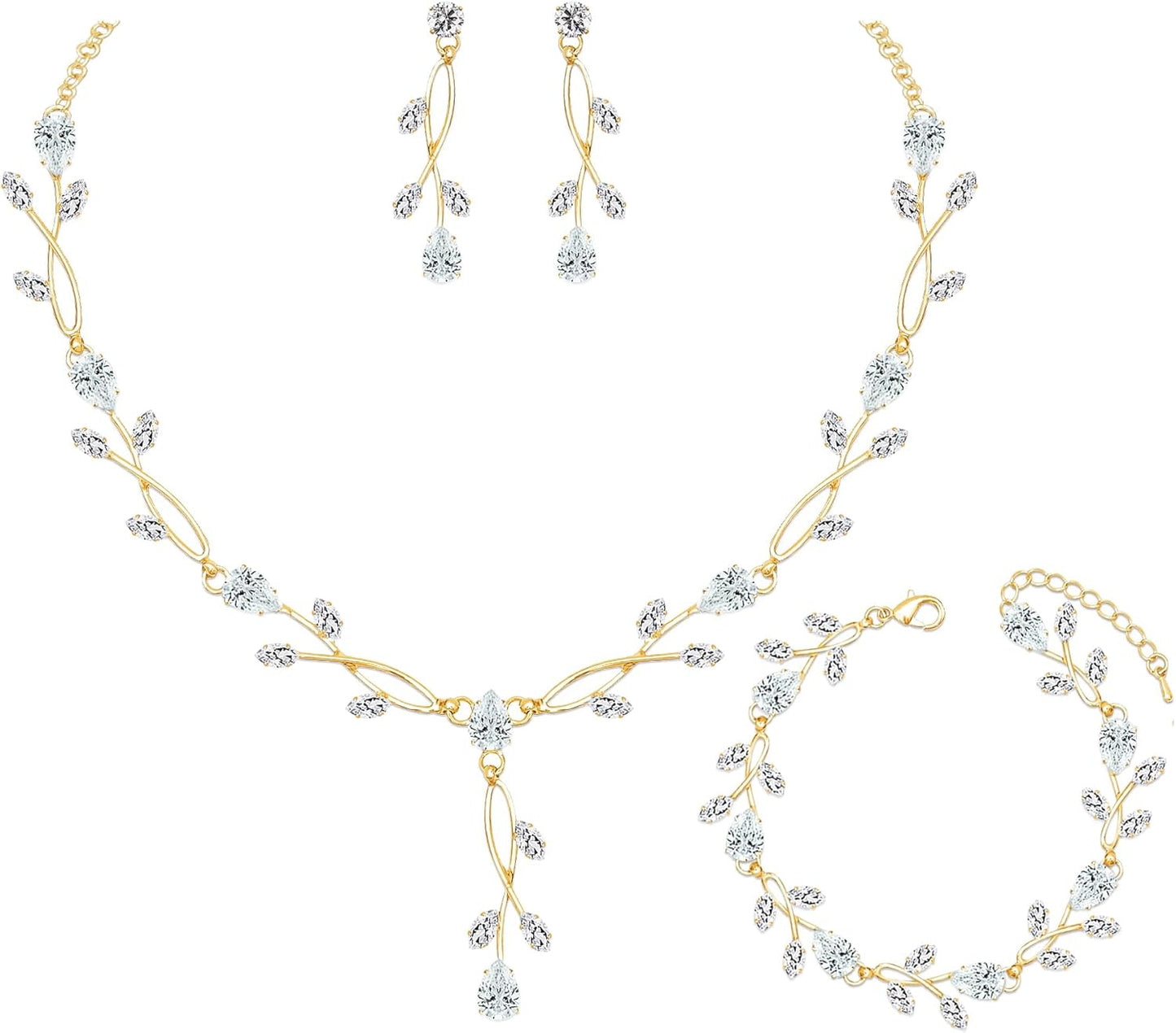 Elegant Bridal Jewelry Sets Clear Cubic Zirconia Wedding Necklace Earrings Bracelet Set for Birdes Bridesmaids CZ Prom Jewelry